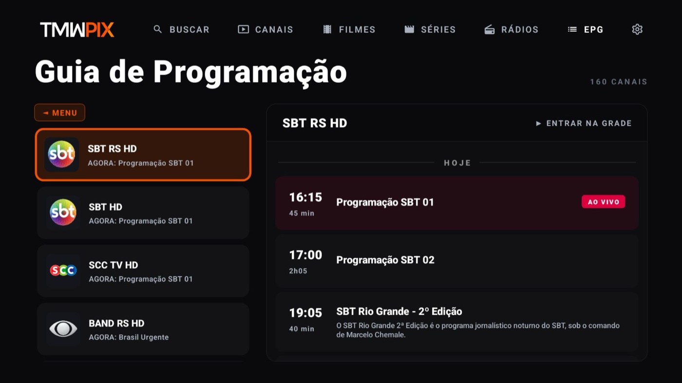 TMWPIX — two-pane programme guide across 160 channels