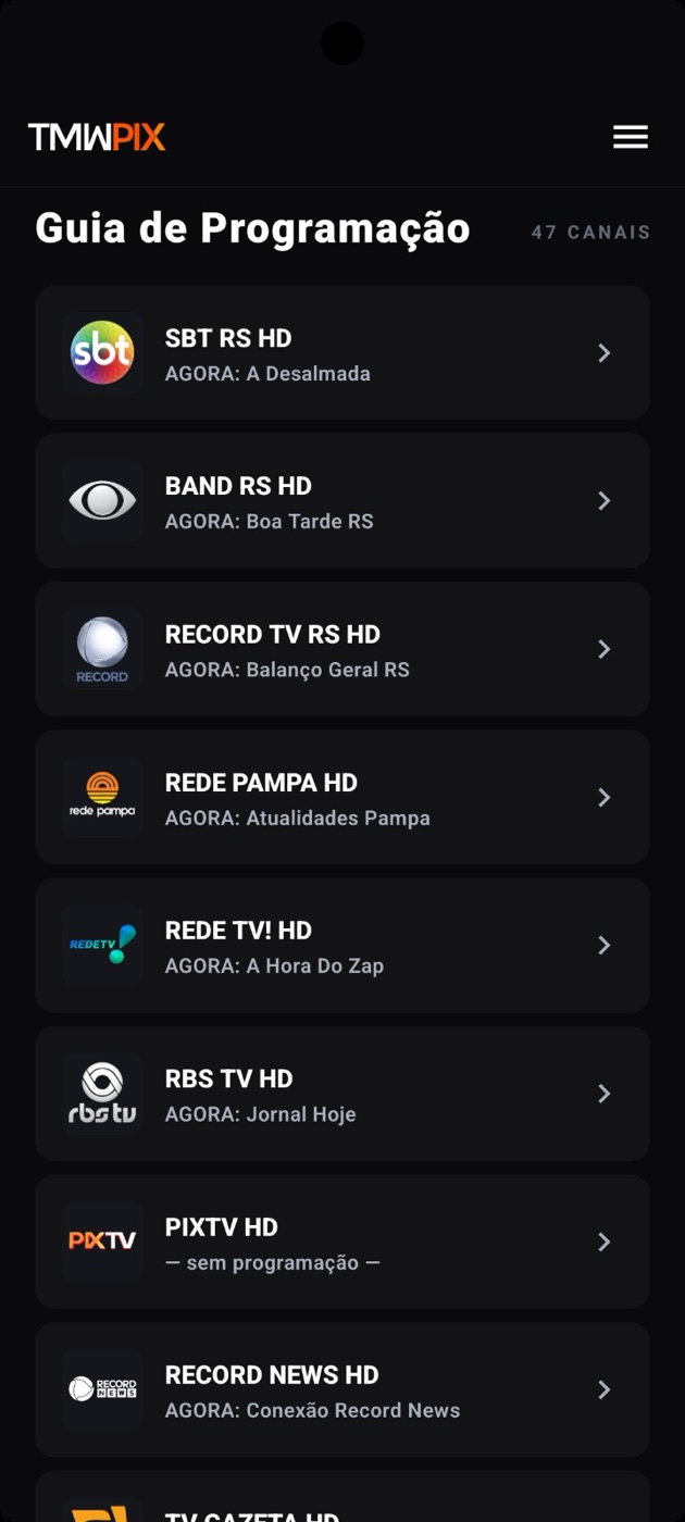 TMWPIX Android — programme guide channel list with now-playing