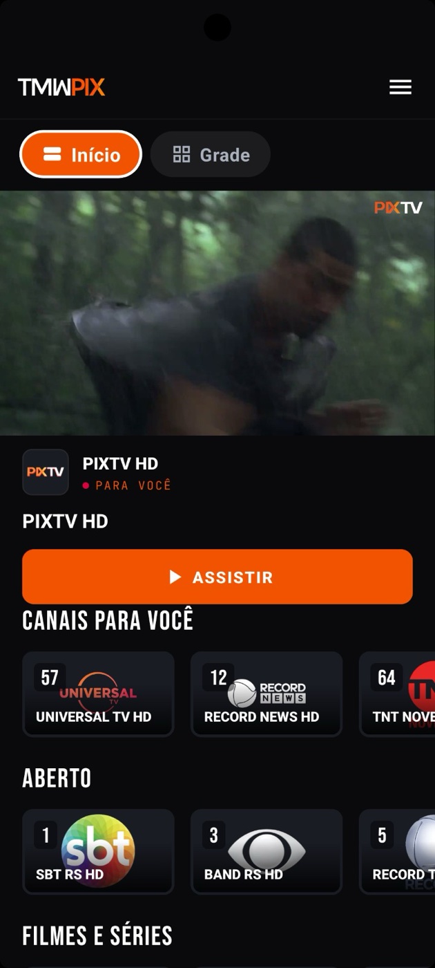 TMWPIX Android — channels home with live preview and branded channel rail