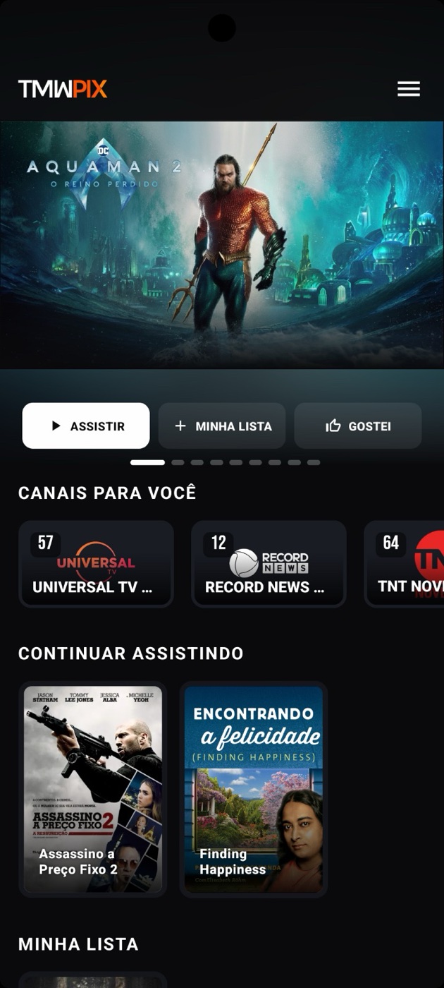 TMWPIX Android — home hub with featured title, continue watching and my list