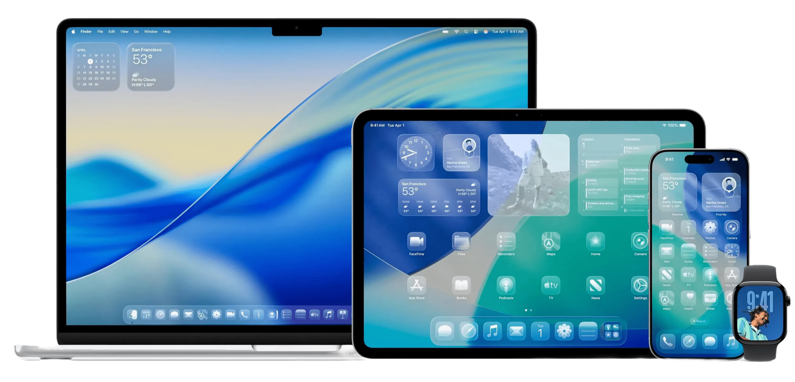 image showing a MacBook, iPad, iPhone, and Apple Watch with the latest glass UI