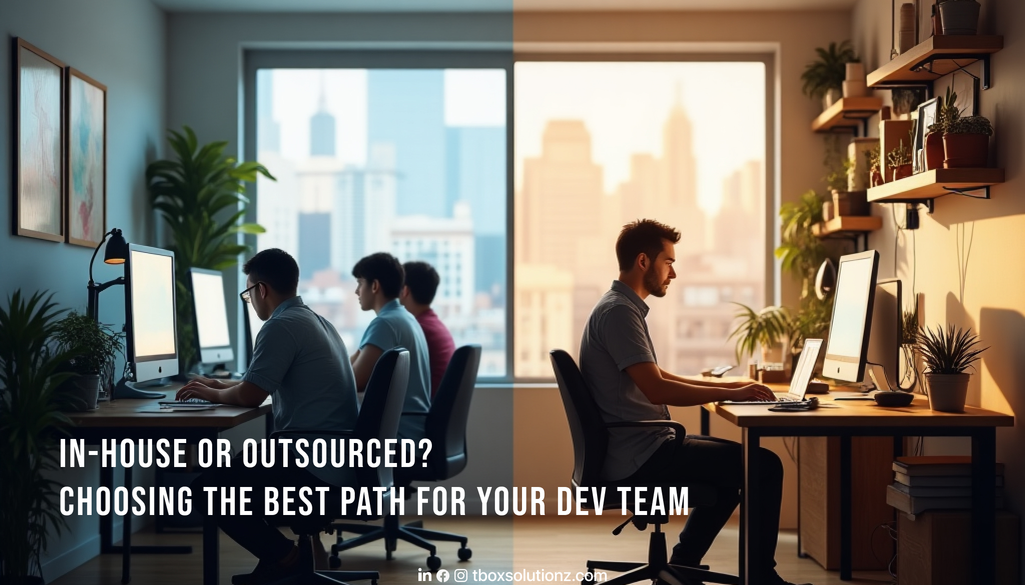 2 different environments blending into each other, highlighting the remote outsource worker and the in-house team
